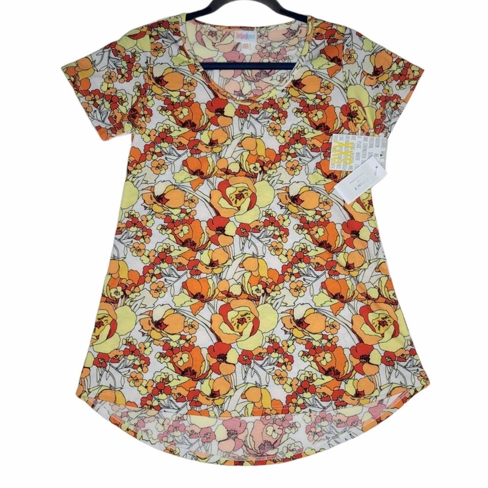 LuLaRoe Classic T Floral Pattern Top XXS Orange Yellow High Low Blouse NWT
